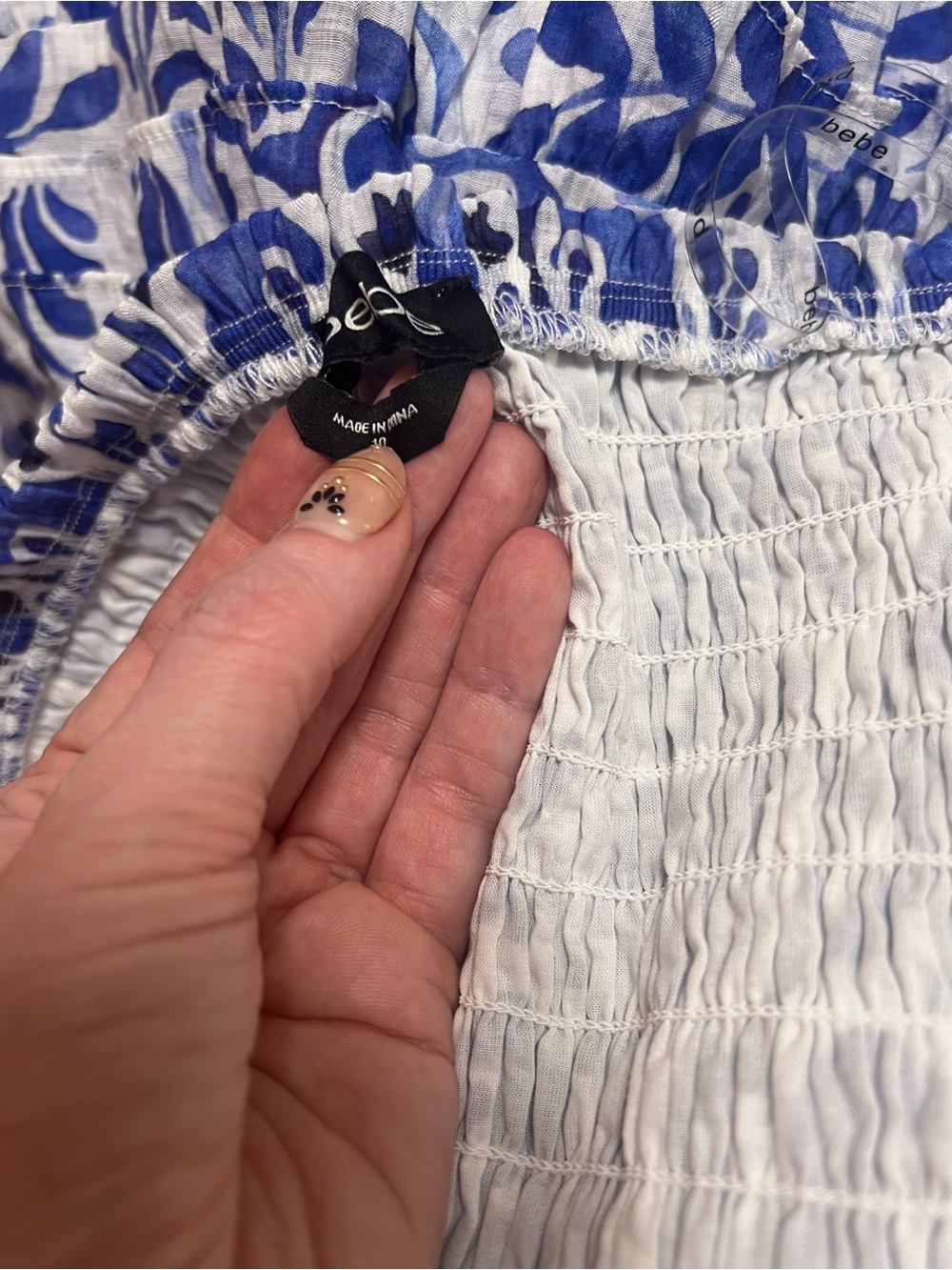 Bebe RUCHED BUBBLE TOP AND SMOCKED MAXI SKIRT WOVEN SET Blue And White 10 Medium - Picture 6 of 16